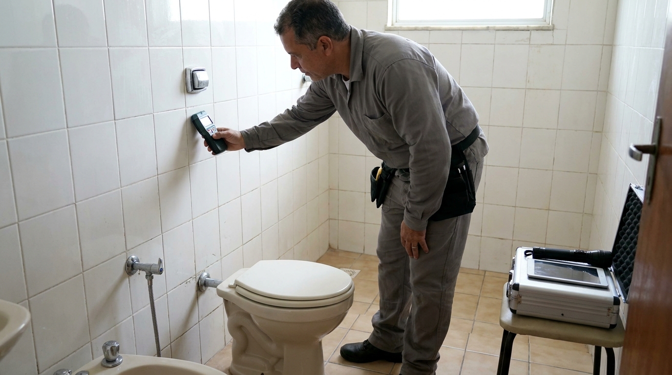 Técnico de caça vazamento analisando tubulação em Osasco‑SP