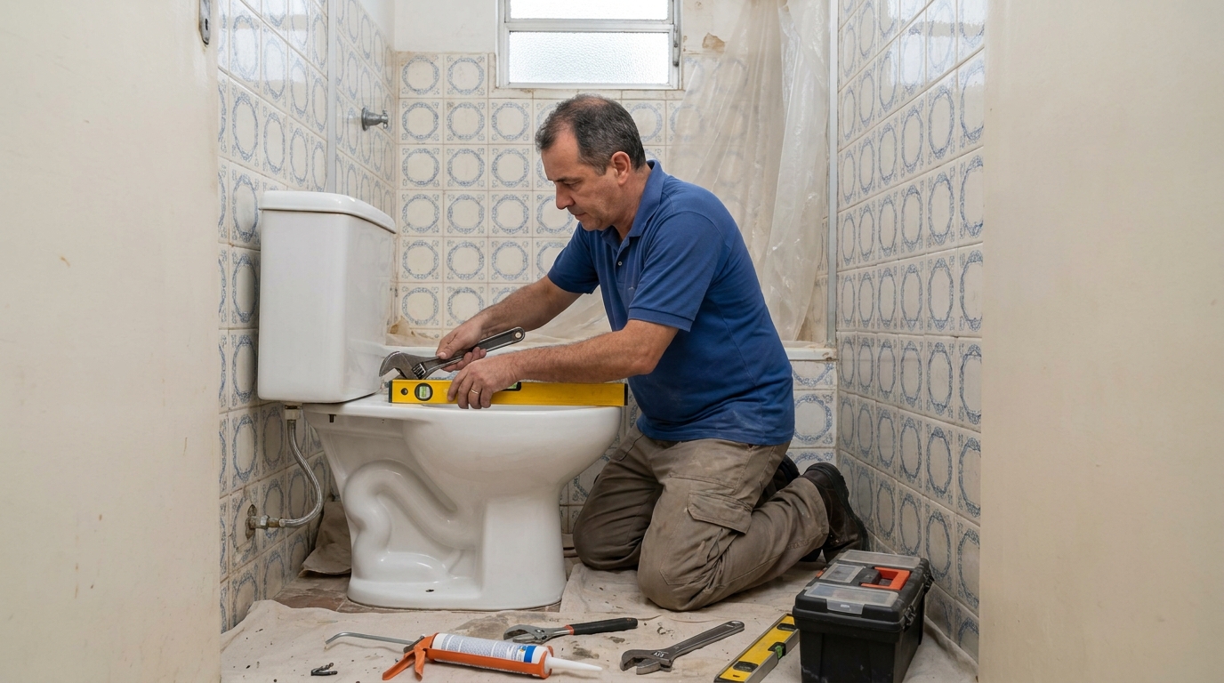 Técnico instalando vaso sanitário em Osasco‑SP